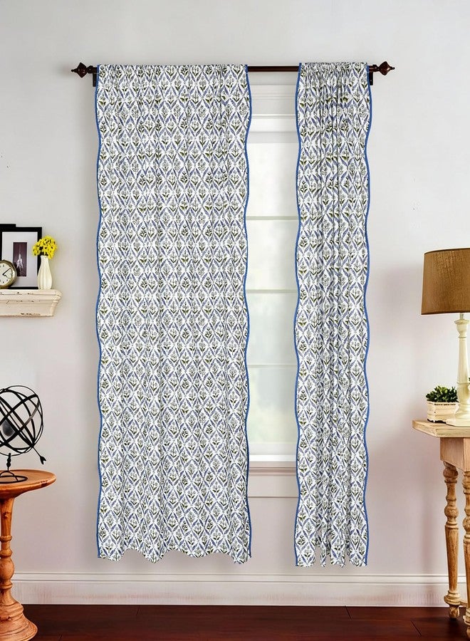 Hahafelt 52 x 84 Inches Scalloped Block Print Curtain Floral Cotton Curtains Blue and Green Semi-sheer Farmhouse Boho Window Drapes for Bedroom Living Room Floral Patterned Country Window Panel, 1 Pcs - Image 4